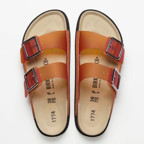 Birkenstock 1774 Arizona PVC Leather Luxe Slide Sandals Vibrant Orange NEW